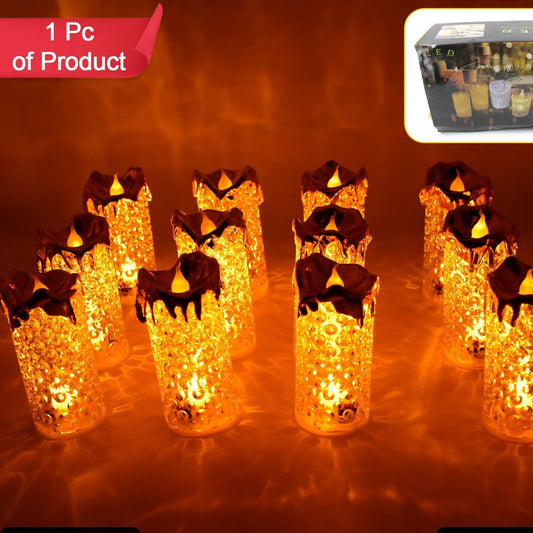 Set of gold flameless LED candles with a warm glow, ideal for home decor and special occasions.